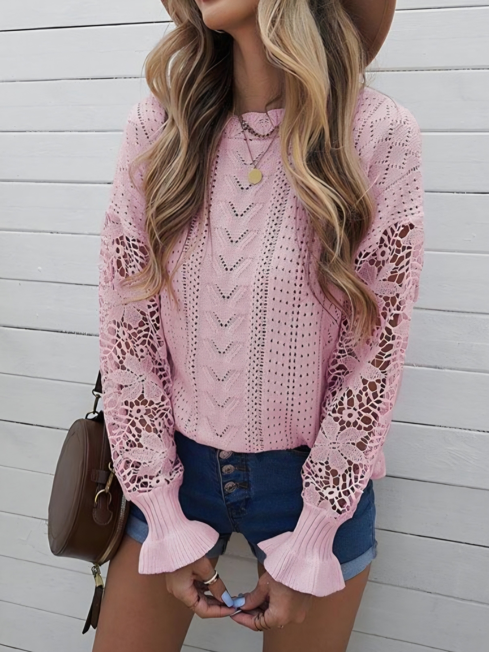 Source Unknown Pink Crochet Lace Sleeve Scoop Neck Sweater